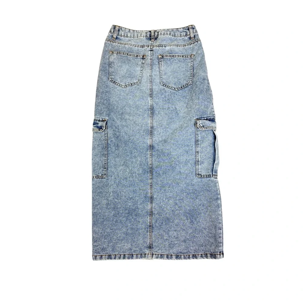 Light Wash Front Slit Cargo Denim Maxi Skirt Women Size 7 Y2K Grunge Streetwear